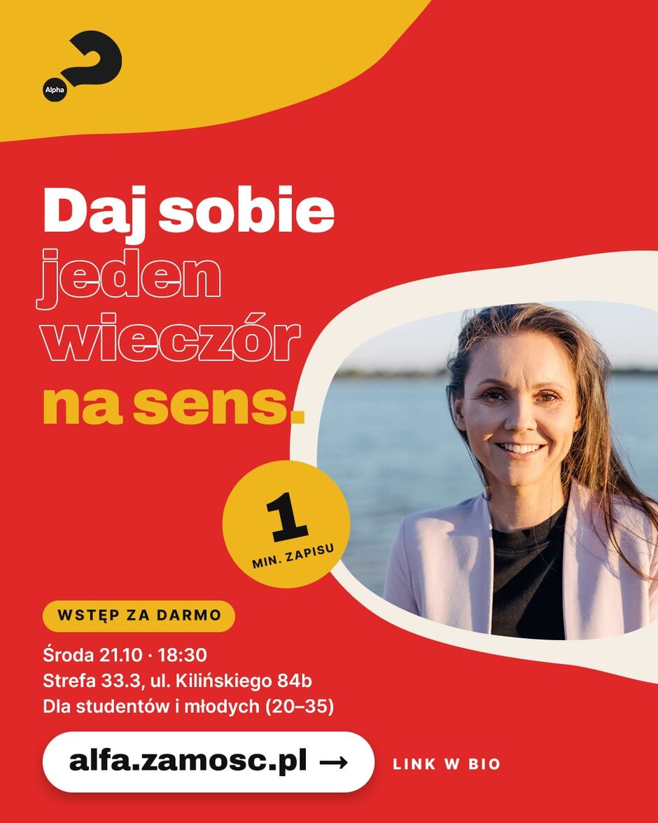 Plakat spotkań Alpha dla studentów i młodych dorosłych w Zamościu